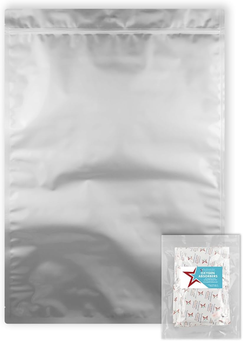: 5 Pack - 7 Mil - Five Gallon Heavy Duty Seal-Top Mylar Bags - 2000cc + 500cc Oxygen Absorbers - Rounded Corners