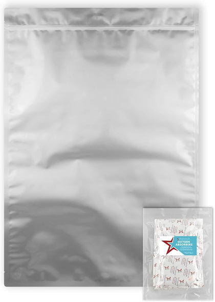 : 5 Pack - 7 Mil - Five Gallon Heavy Duty Seal-Top Mylar Bags - 2000cc + 500cc Oxygen Absorbers - Rounded Corners