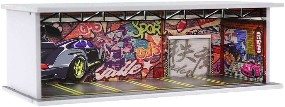 1/64 Scale Diorama Garage Display Case for Die-Cast Model Cars | Acrylic Cover, Storage with 6-Space Scene Parking