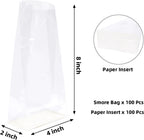 Smores Bags, Flat Bottom Cellophane Bags, 4x2x8 In, 100Pcs