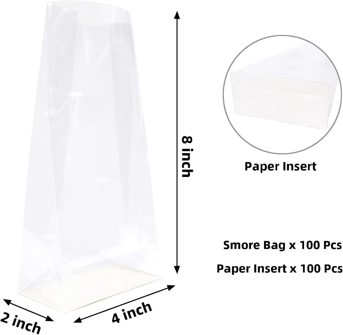 Smores Bags, Flat Bottom Cellophane Bags, 4x2x8 In, 100Pcs