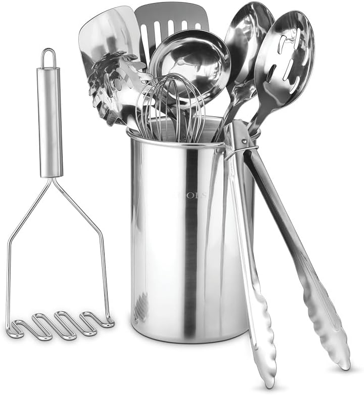 Premium Set of 10 Stainless Steel Kitchen Tool Set with Holder Easy To Clean, Space Saving, Great for Cooking