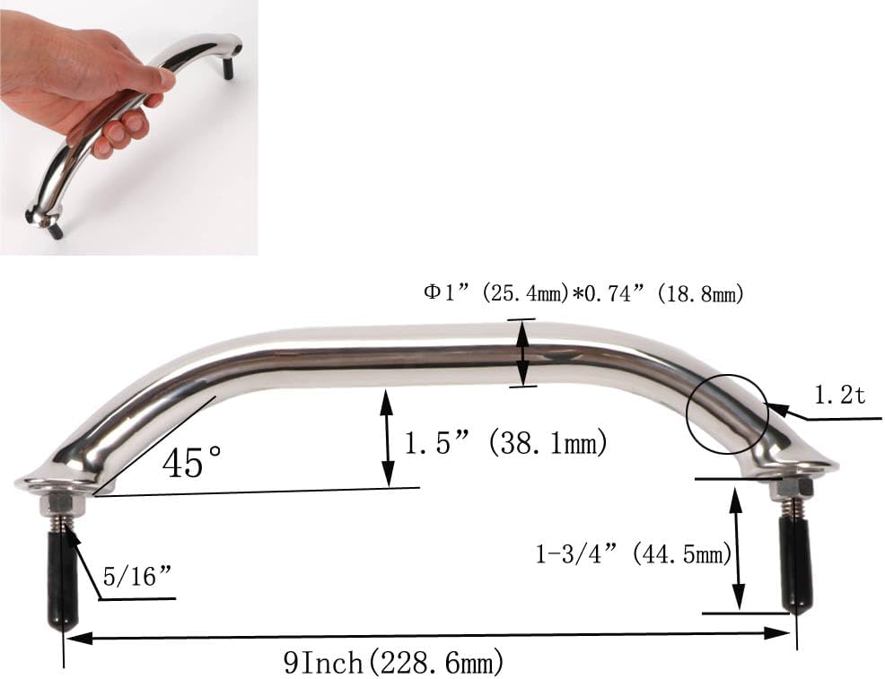 Boat Grab Bar 304 Stainless Steel Polished Grab Handle Handrail Hardware Multipurpose (2PCS) (9“ Silver)