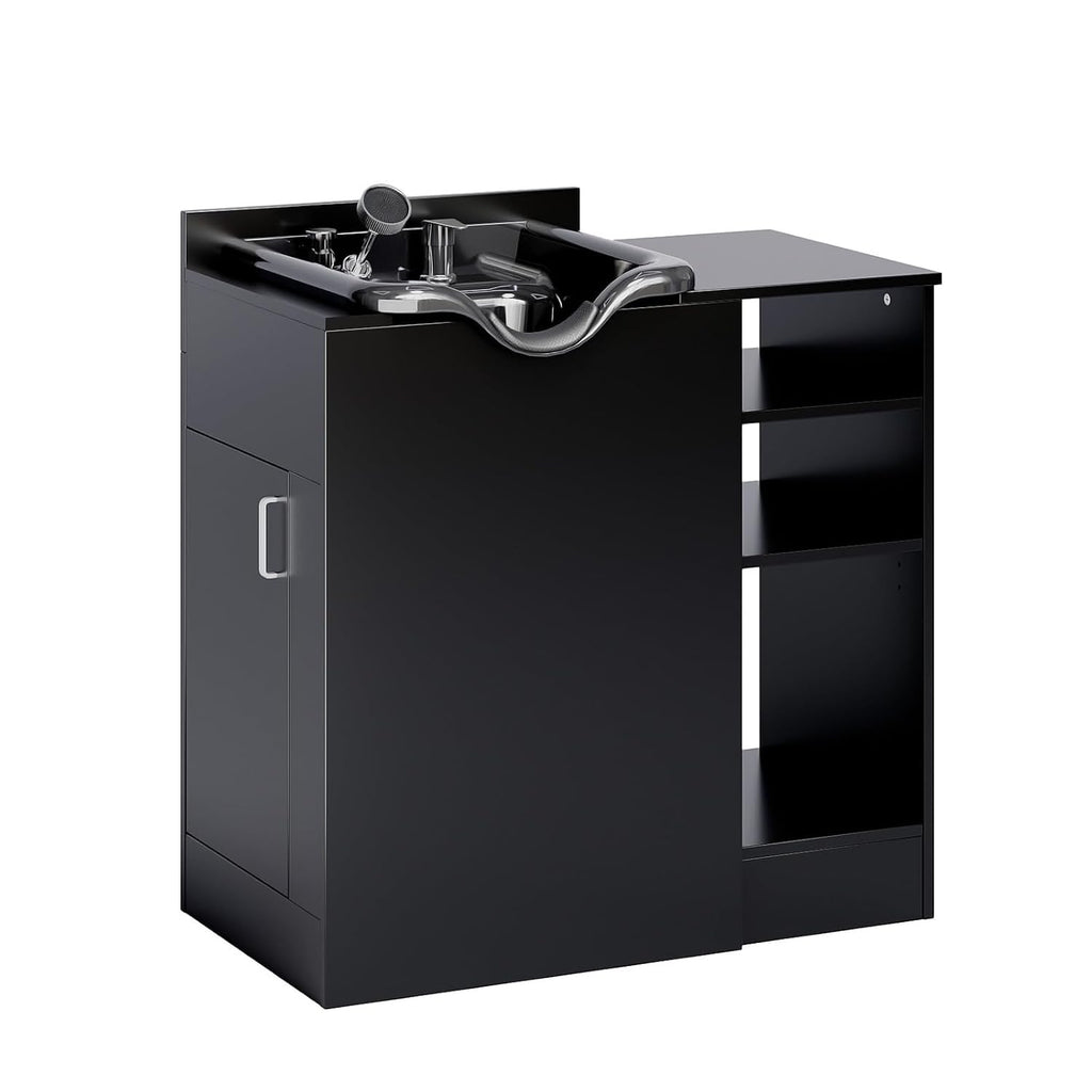 Salon Station, Shampoo Bowl with Cabinet, Freestanding Backwash Sink with Adjustable Shelf, UPC Certified Faucet