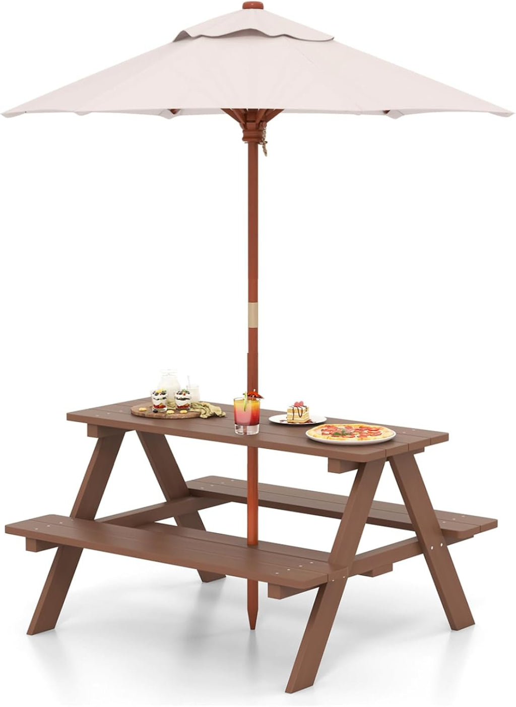 Kids Picnic Table, Toddler Outdoor Table & Bench Set, Wooden Children Patio Furniture with Folding Umbrella, Kids