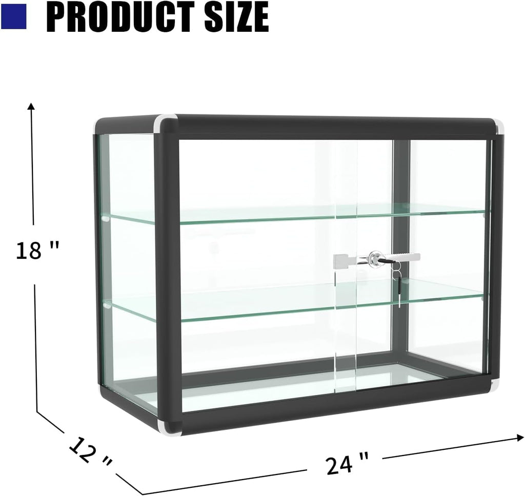 24" W x 18" H x 12" D Black Aluminum Tempered Glass Countertop Display Case - Durabletable Top Display Case,Clear