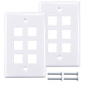6-Port Keystone Wall Plate, Low-Profile Single Gang, White, 2 Pack