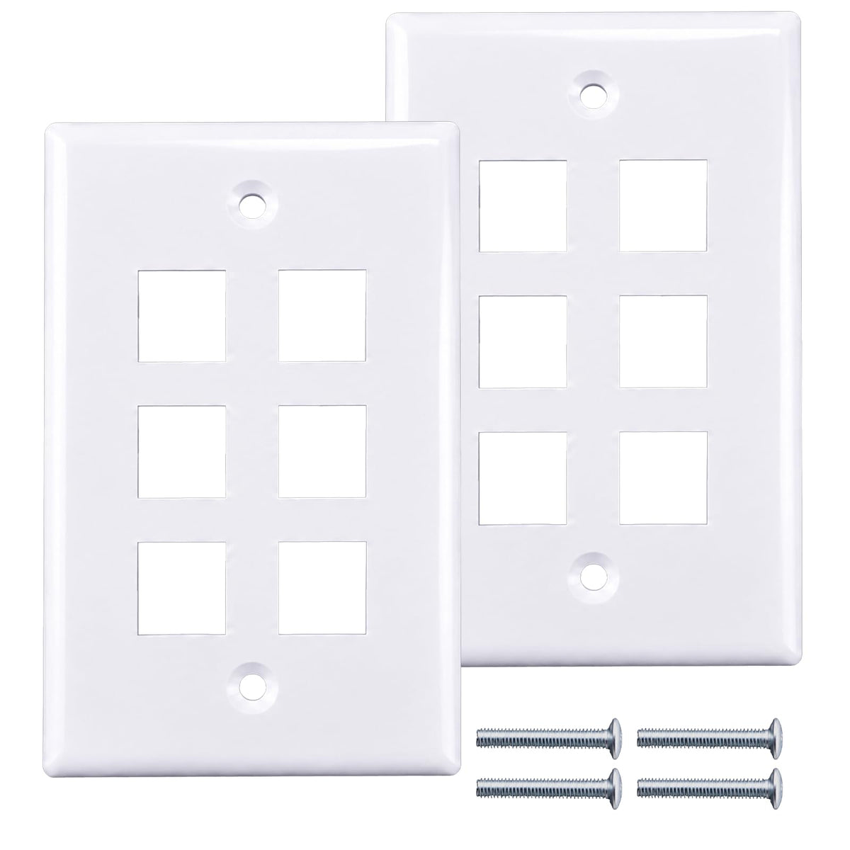 6-Port Keystone Wall Plate, Low-Profile Single Gang, White, 2 Pack