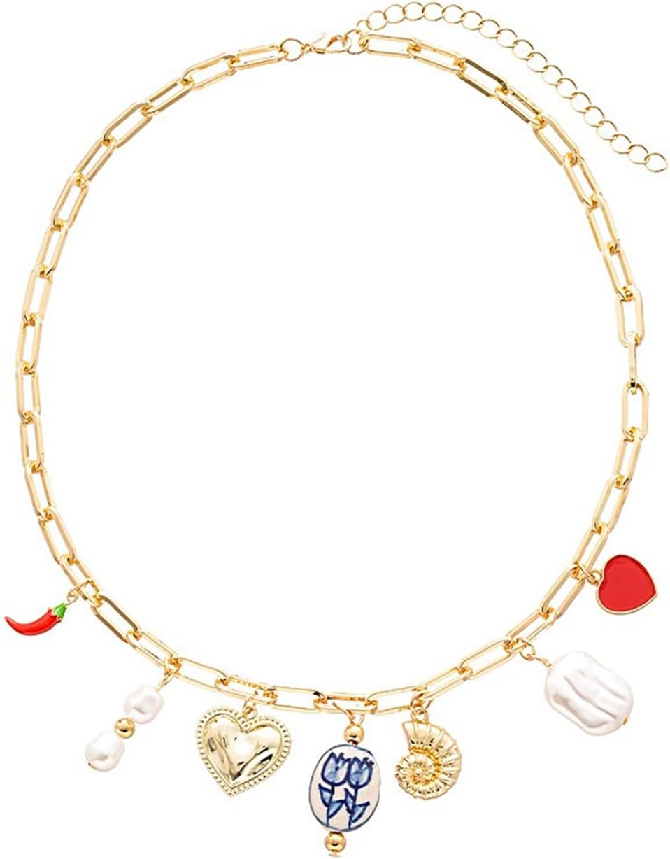 Chunky Gold Charm Necklace for Women White Pearl Choker Necklace Head Portrait Square Pendant Necklace Boho Charm
