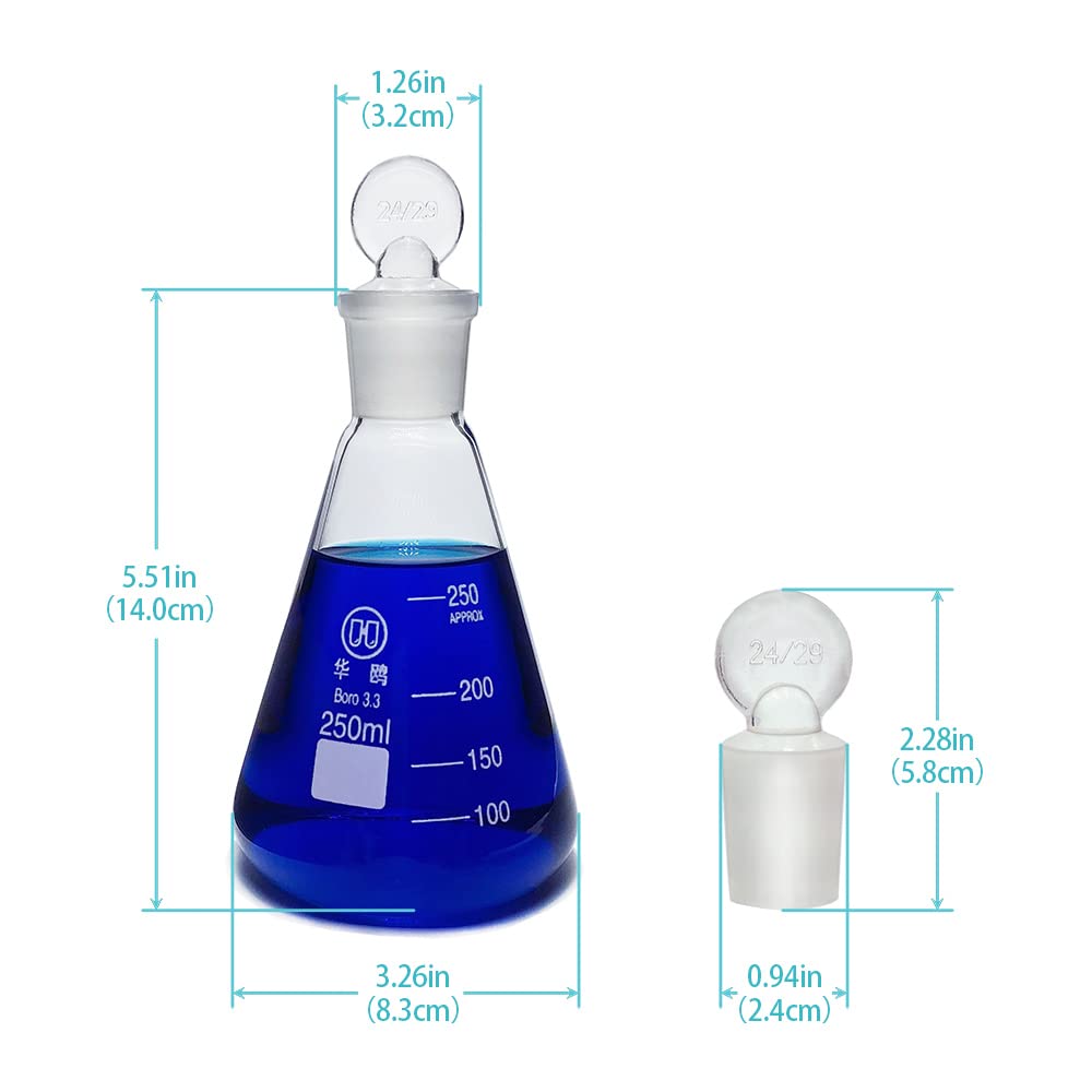250ml Glass Erlenmeyer Flask Set, 3pcs Laboratory Glassware Flask with Glass Stopper for Chemistry Classroom Home