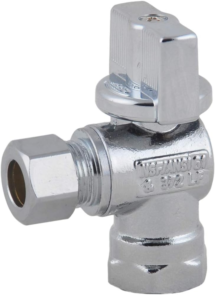 Valve- 1/4 Turn Angle Stop Valve 3/8-in FIP Iron Pipe x 3/8-in OD Compression,Quarter Turn LF Chrome Plated Brass
