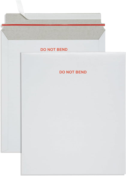 25 12.75" x 15" Rigid Mailers, Self Seal, Do Not Bend | White cardboard, stay-flat rigid, peel and seal, protects