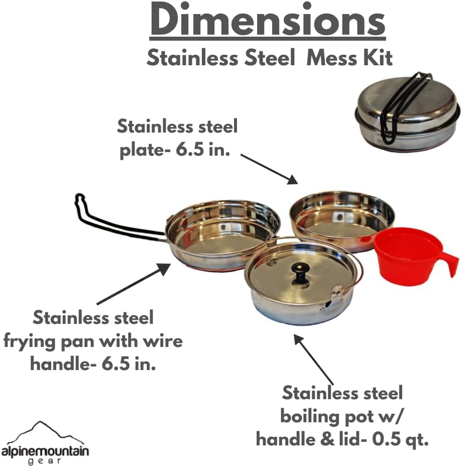 Stainless Steel Mess Kit - Steel Camping Cookware with Carrying Bag (Made by Caddis Sports)