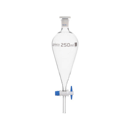 Squibb Separating Funnel, 250ml - 19/26 Plastic Stopper, PTFE Key Stopcock, Ungraduated - Borosilicate Glass