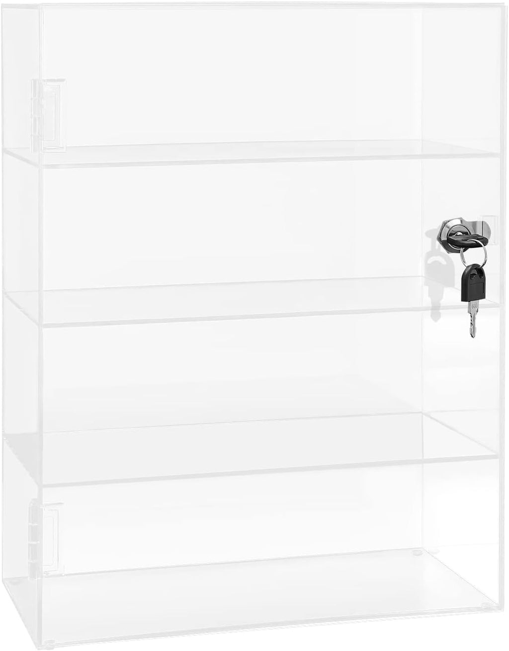 Acrylic Display Case with Lock Key, 4-Tier Locking Countertop Display Case with Shelves, Clear Lockable Showcase