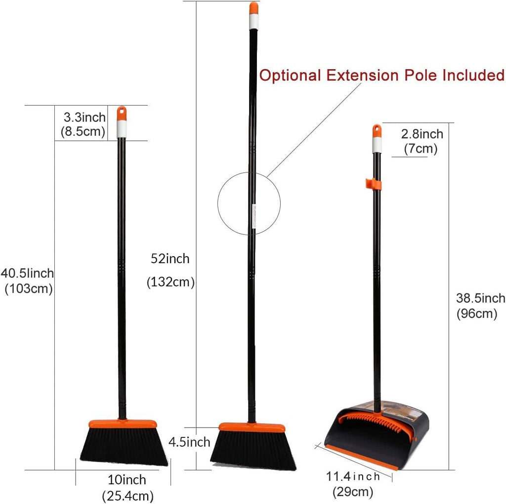 Broom and Dustpan Set with 52" Long Handle for Home Kitchen Room Office Lobby Floor Use Upright Stand Up Stand Up