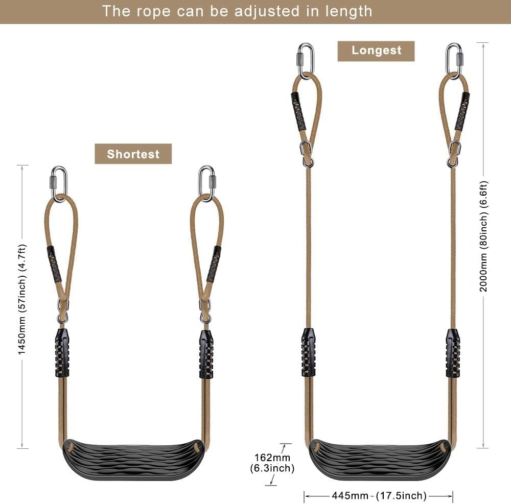 Plastic Swing Seat, Non Slip Tree Swing Set with Adjustable Rope and 2 Carabiners, Heavy Duty Playground Swing Set