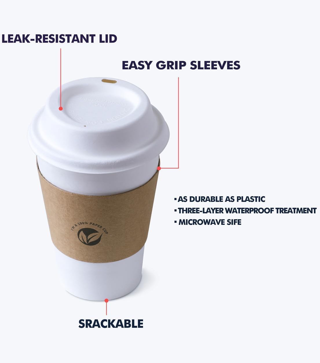 [50 pack] 16 oz Compostable Coffee Cups with Lids and Kraft Sleeves