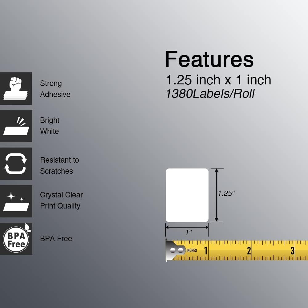 1.25" x 1" (32 mm x 25 mm) Thermal Labels, [2 Roll/2760 Labels]