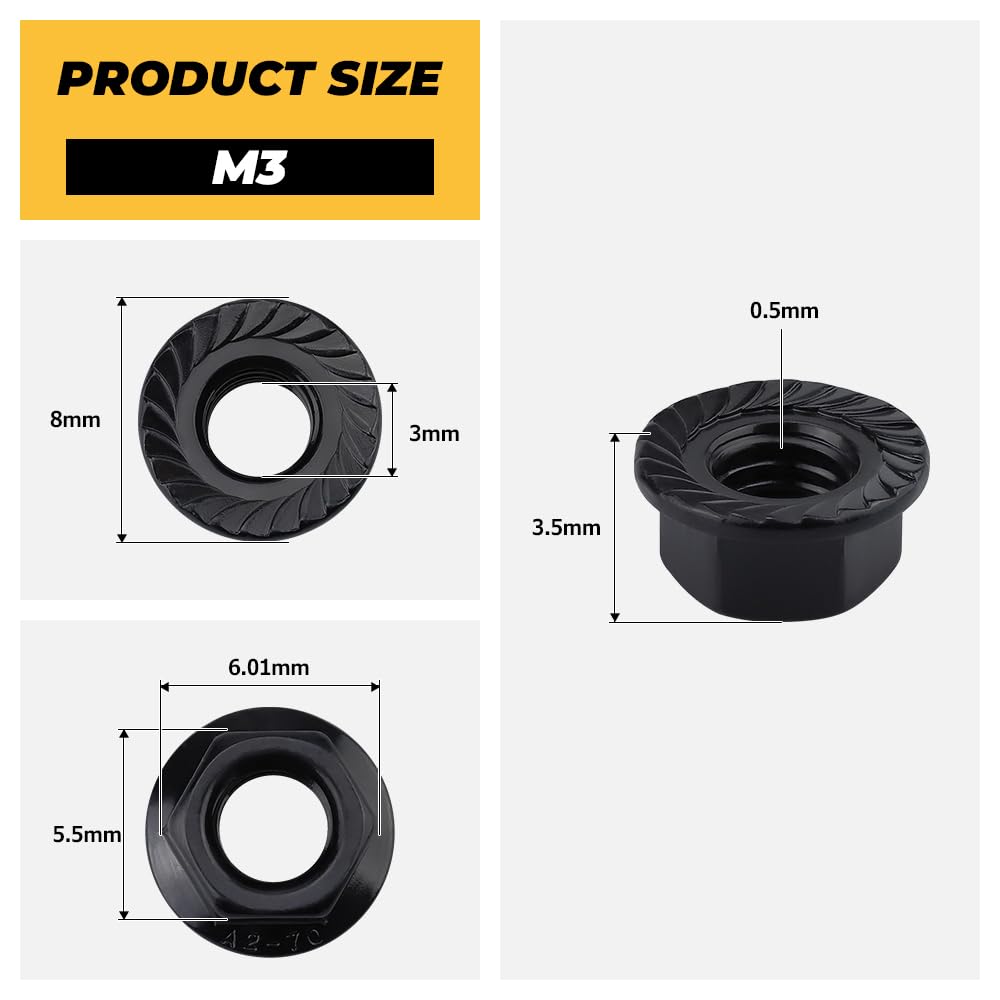 200pk M3-0.5 Black Flange Nuts, 304 Stainless Serrated Flange Lock Nuts