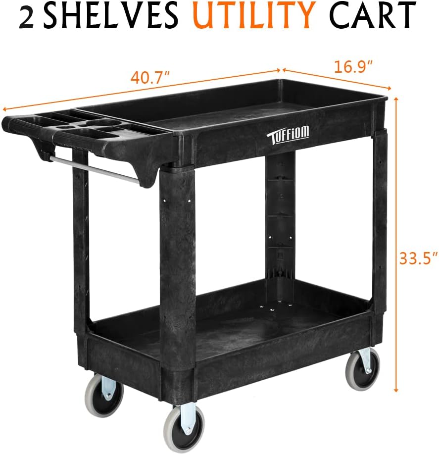 Plastic Service Utility Cart with Wheels, 550lbs Capacity Heavy Duty Tub Storage Cart W/Deep Shelves, Multipurpose