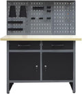 Steel Workbench with Two Drawers & Two Cabinets, Includes 3 Metal Pegboards and 22 Hooks, Wooden Tabletop for Garage