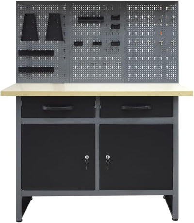 Steel Workbench with Two Drawers & Two Cabinets, Includes 3 Metal Pegboards and 22 Hooks, Wooden Tabletop for Garage
