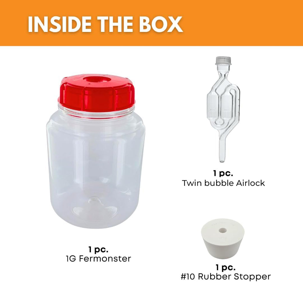 1 Gallon (PET) Wide Mouth Fermonster Carboy with Airtight Lid | Includes #10 Drilled Stopper & Twin Bubble Airlock |