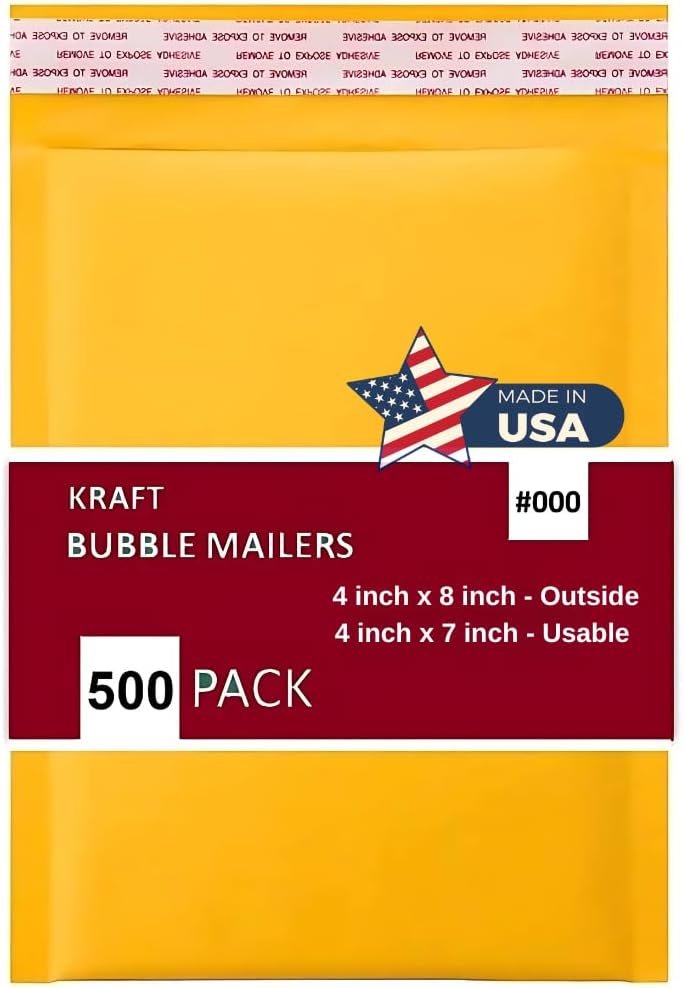 500 PC #000 4x8 Inches 500 Pack Inches Kraft Bubble Mailers Yellow Shipping Padded Envelopes Self Seal Waterproof