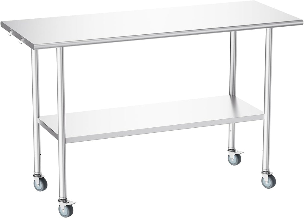 NSF Stainless Steel Prep Table 24X60 inch, Flat Top & Casters