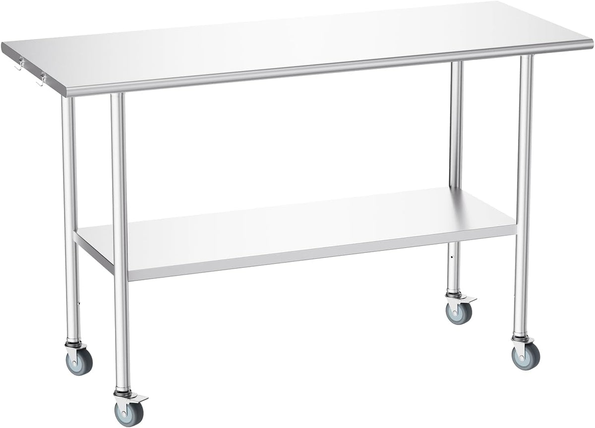 NSF Stainless Steel Prep Table 24X60 inch, Flat Top & Casters