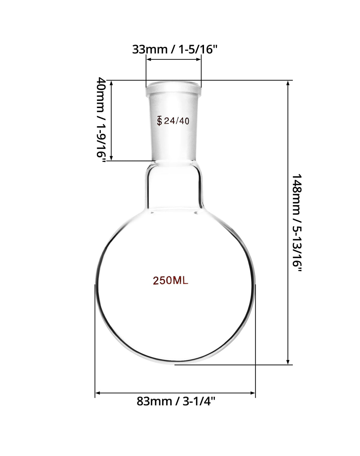 250ml Borosilicate Glass Boiling Flask with 24/40 Standard Taper Outer Joint, Single Neck Round Bottom, 2 Pack