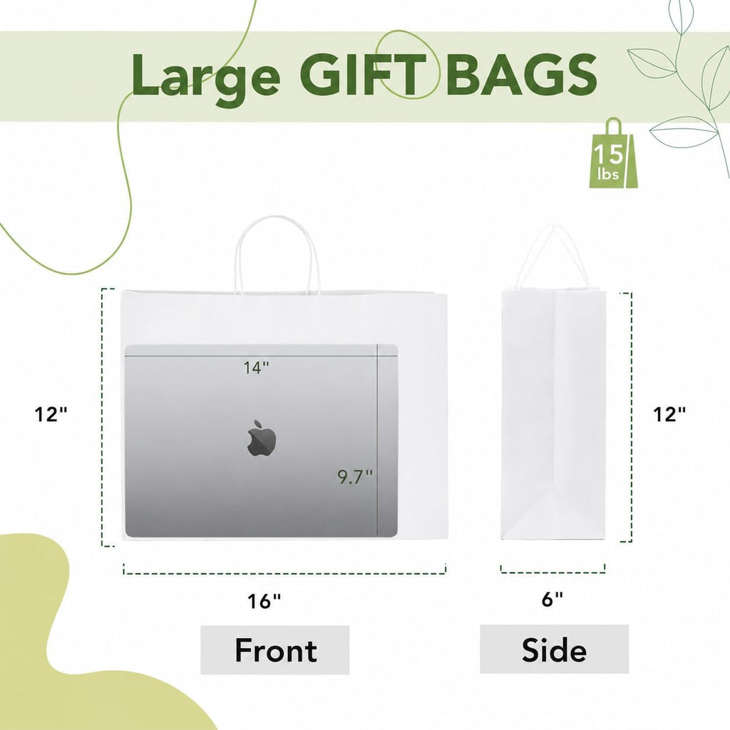 Gift Paper Bags with Handles White X-Large 16x6x12 Inch 25 Pack Bulk