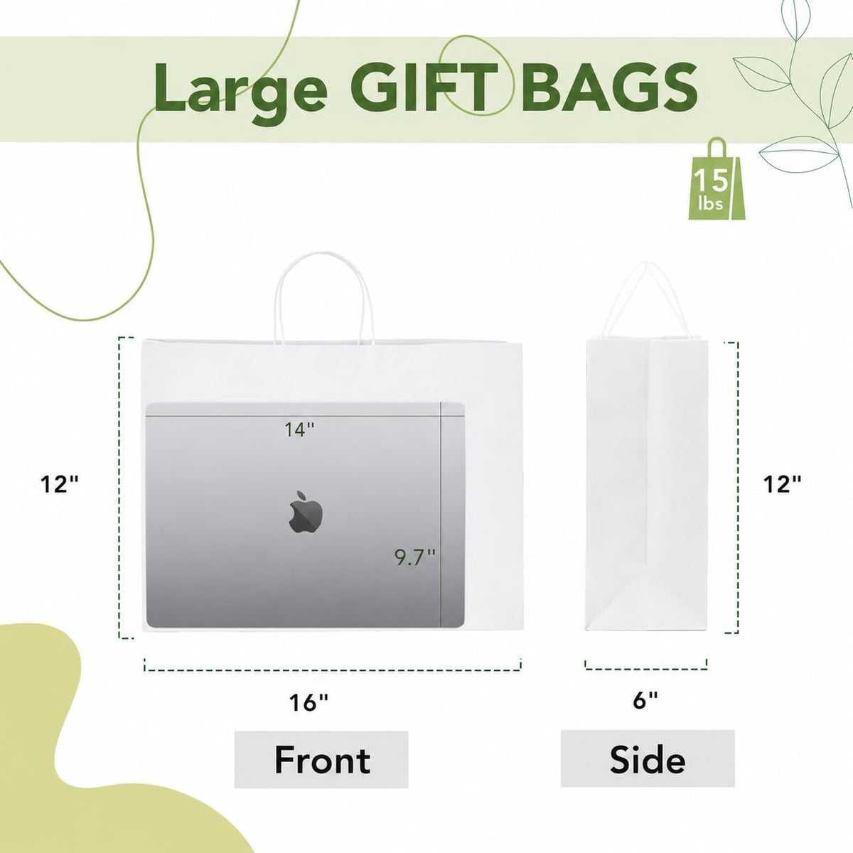 Gift Paper Bags with Handles White X-Large 16x6x12 Inch 25 Pack Bulk