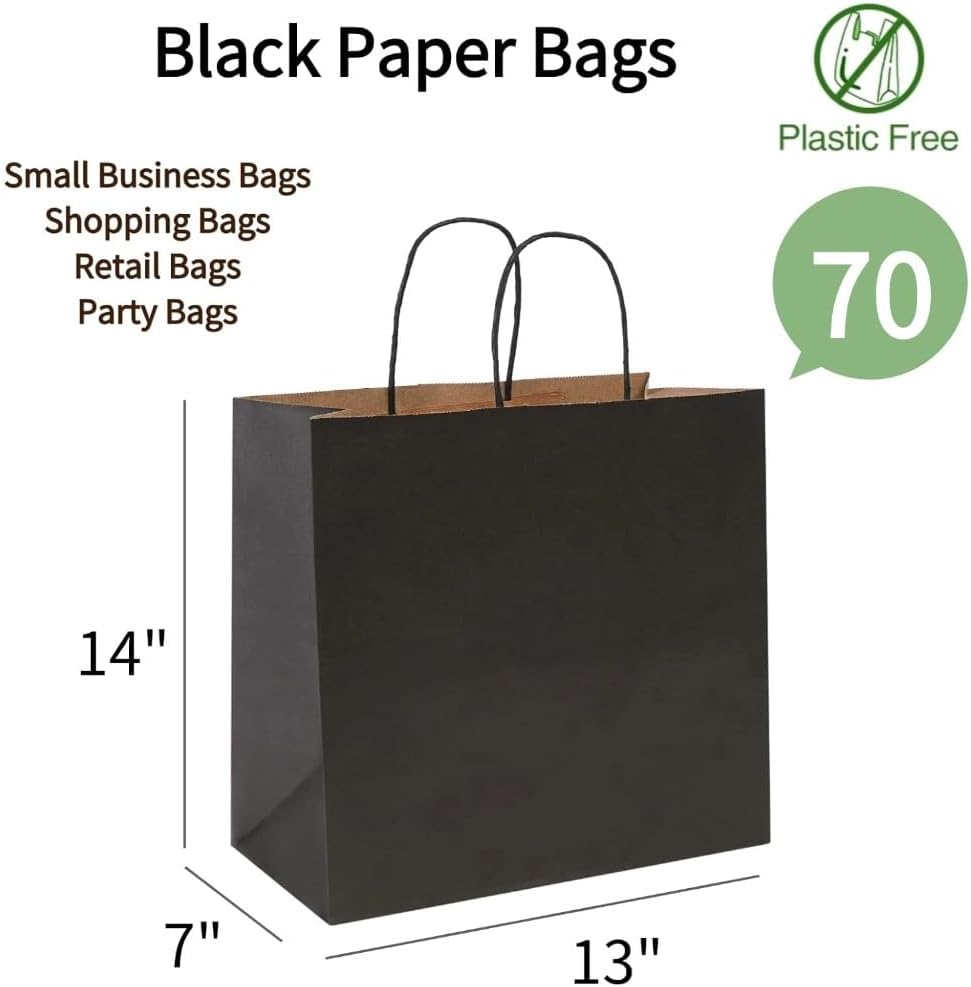 Black Kraft Gift Bags with Handles 13x7x14 Inch, 70 Pack