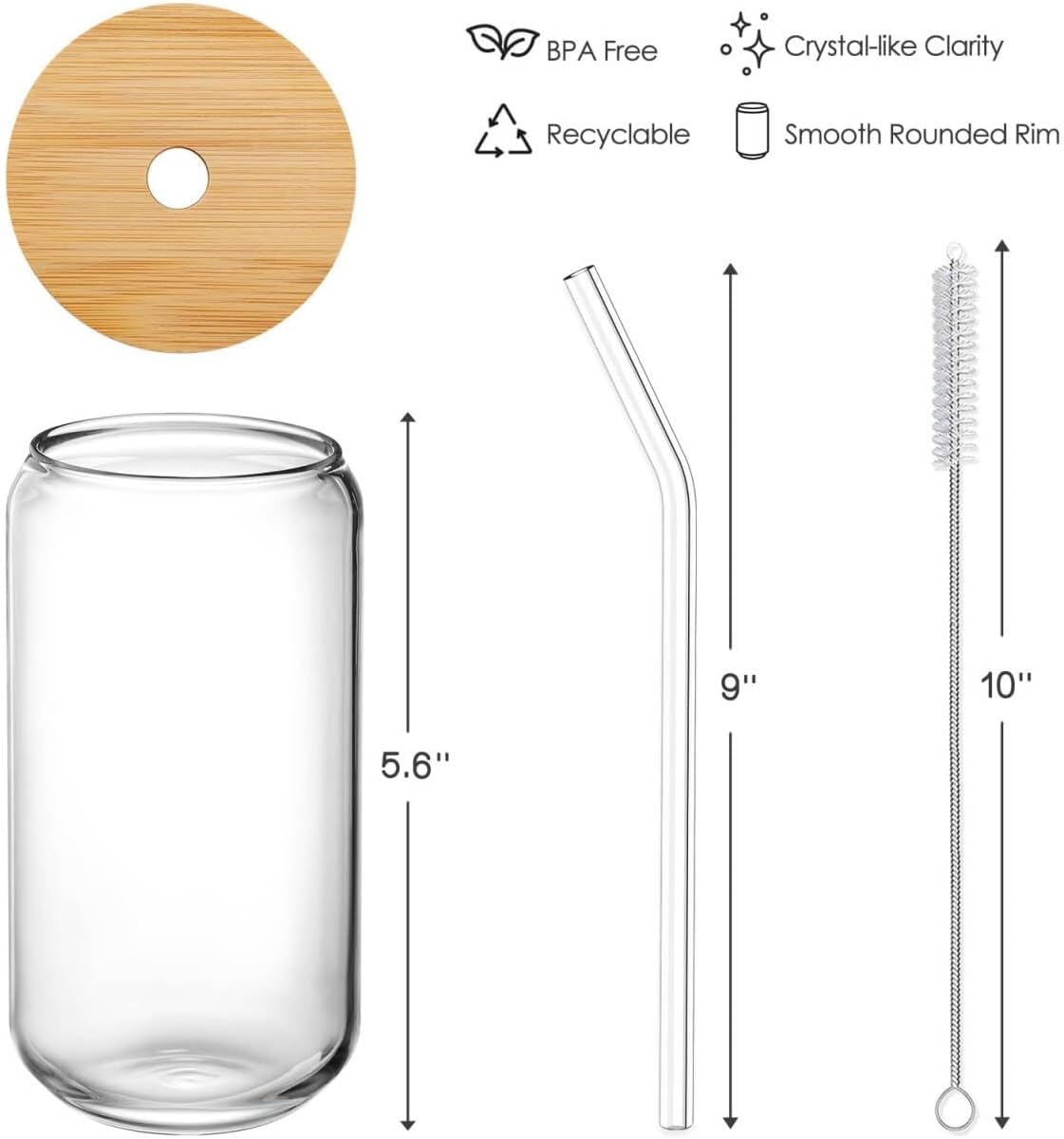 Drinking Glasses with Bamboo Lids and Glass Straw 4pcs Set - 16oz Glass Cups, Iced Coffee Glasses, Cute iced Tea