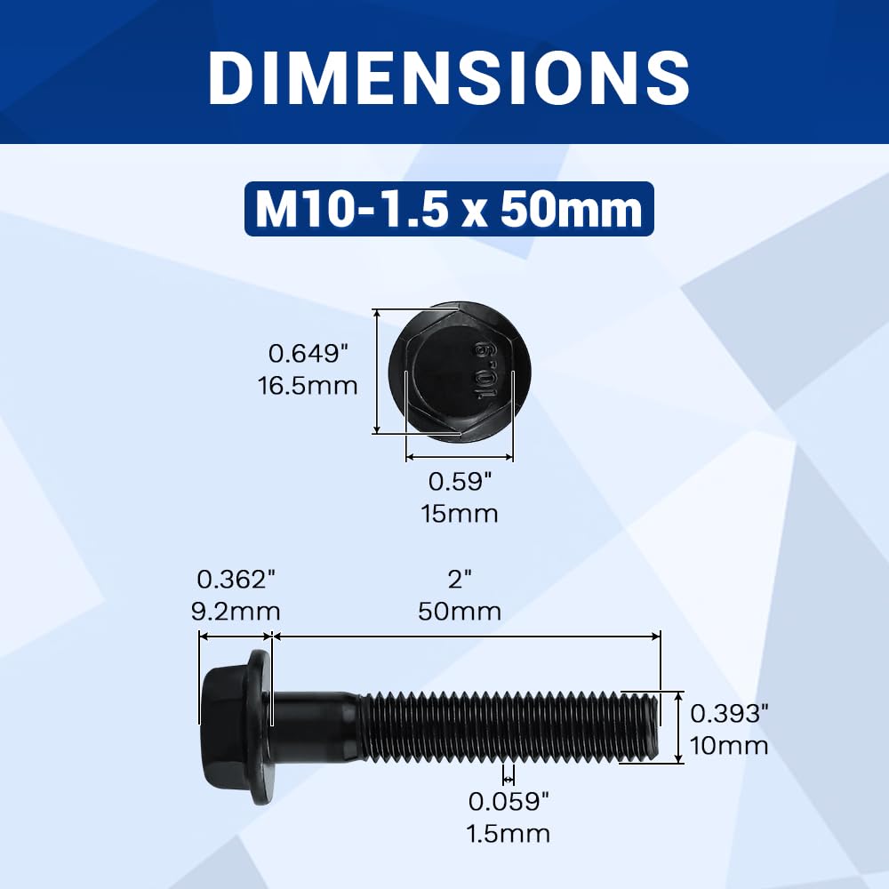 10pcs M10 x 50mm Flange Hex Bolts, High Strength Grade 10.9 Black Oxide