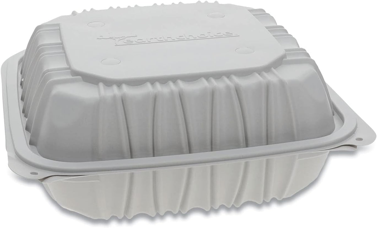 Pactiv EarthChoice 8.5 x 8.5 x 3.1 Vented Microwavable, 3-Compartment, Hinged-Lid Takeout Container, White | 146Case