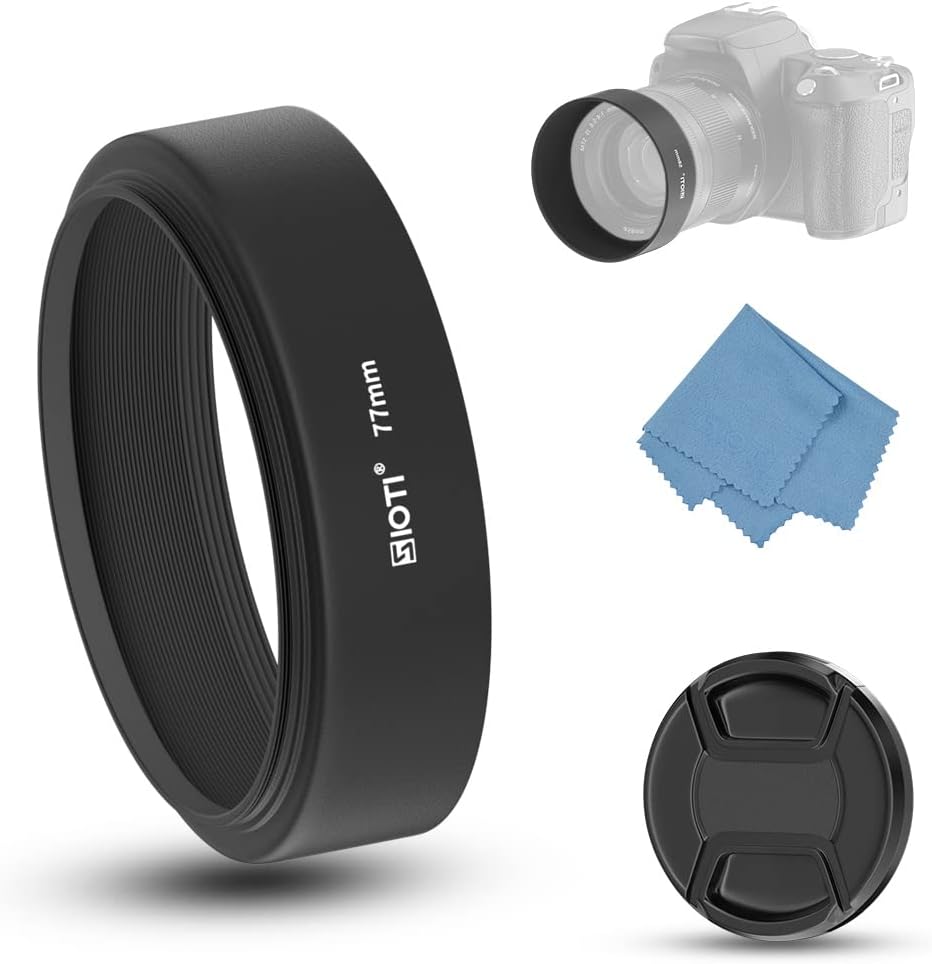 77mm Lens Hood, Oxidation Matte Anti Reflective Treatment, Aluminum Alloy, with 1 * 82mm Lens Cap, Compatible with
