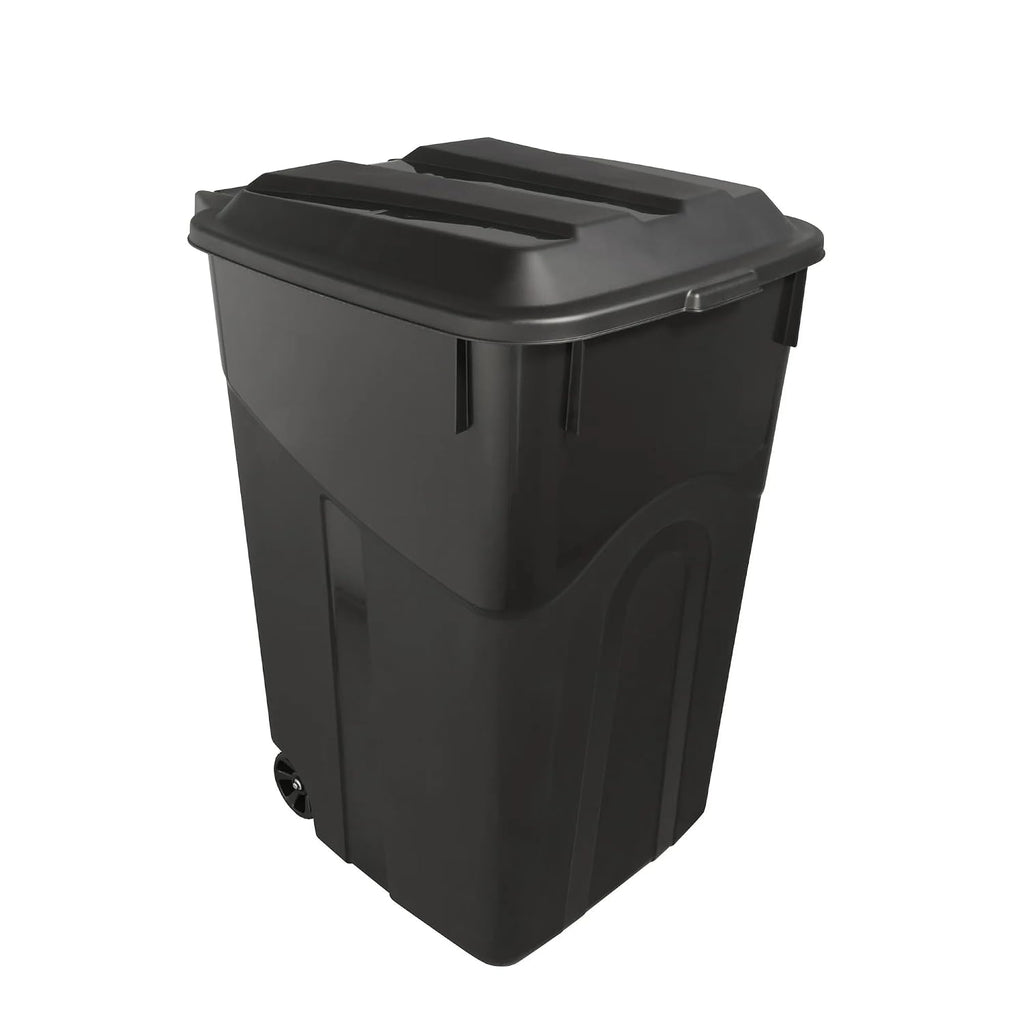 45-Gallon Heavy-Duty Wheeled Trash Can with Attached Lid, Black, Outdoor Garbage Bin