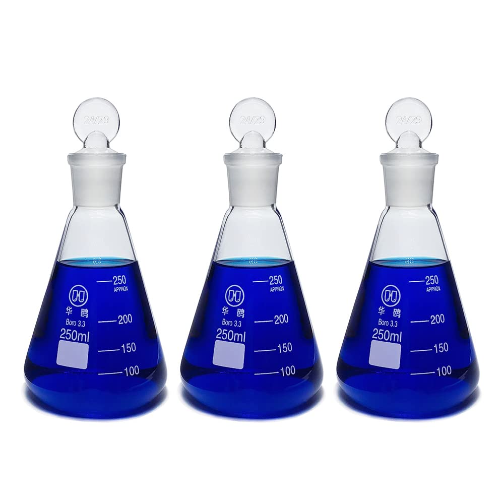 250ml Glass Erlenmeyer Flask Set, 3pcs Laboratory Glassware Flask with Glass Stopper for Chemistry Classroom Home