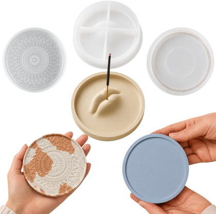 Tray Silicone Mold Set of 3 – Includes Incense Holder, Patterned Coaster & Small Oval Dish | for Resin, Plaster &