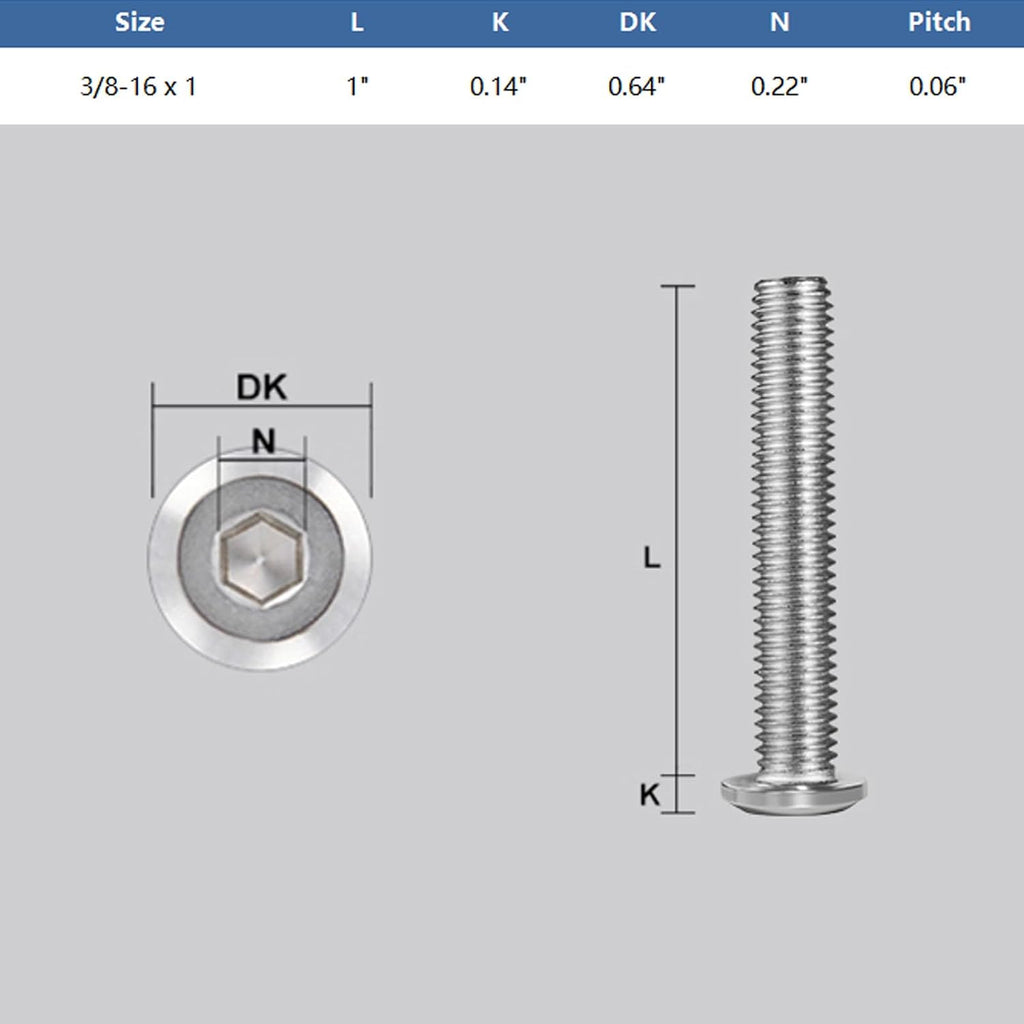 3/8-16 Bolt, 20Pcs 3/8-16 x 1 Flat Head Hex Socket Cap Screws, 304 Stainless Steel 18-8 Furniture Bolts, Full Thread (with Hex Spanner)