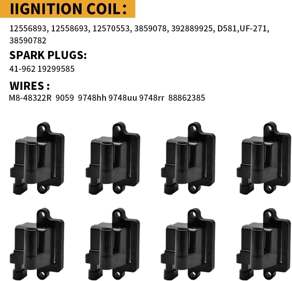 UF-271 Set of 8 12556893 Square Ignition Coil & 41-962 8 pcs Spark Plug and Red Wire Set Compatible with Chevrolet