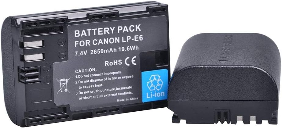 2Pcs 2650mAh LP-E6 LP-E6N Battery + LED Dual Charger for Canon EOS R, R5, R6, Ra, XC10, XC15, 5D Mark II/III/IV, 5DS