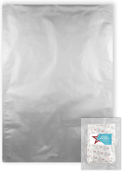 : 5 Gallon Genuine Mylar Bags (19" x 28”) - 2000cc + 500cc High Capacity Oxygen Absorber - Rounded Corners - Heat