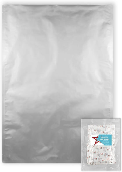 : 5 Gallon Genuine Mylar Bags (19" x 28”) - 2000cc + 500cc High Capacity Oxygen Absorber - Rounded Corners - Heat