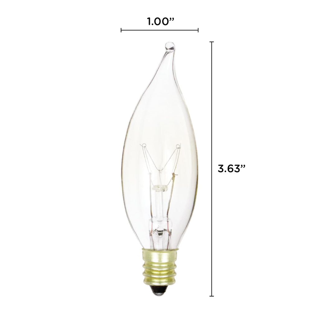 25W Clear Flame Tip Incandescent Bulbs, E12 Candelabra, CA10, 12-Pack