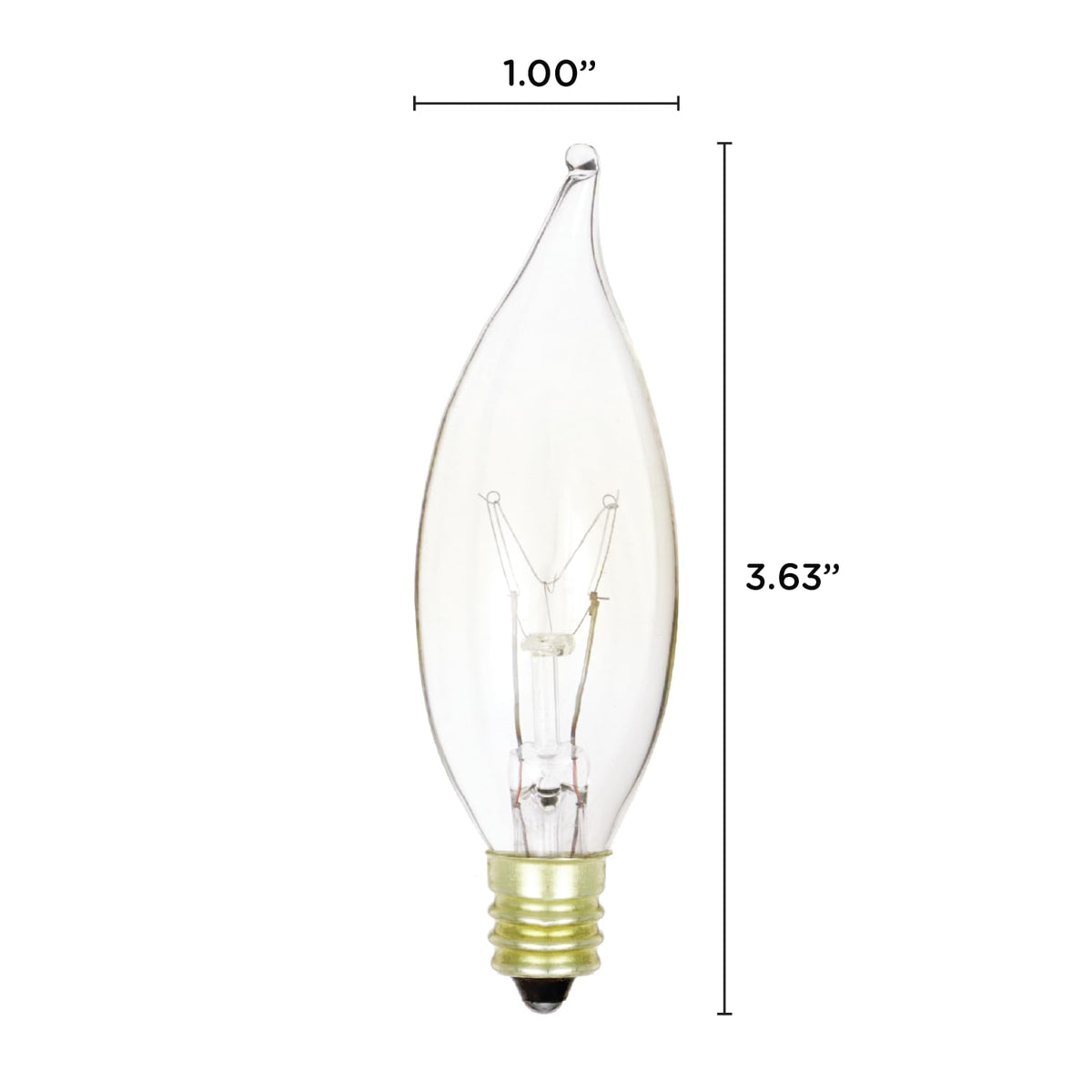 25W Clear Flame Tip Incandescent Bulbs, E12 Candelabra, CA10, 12-Pack