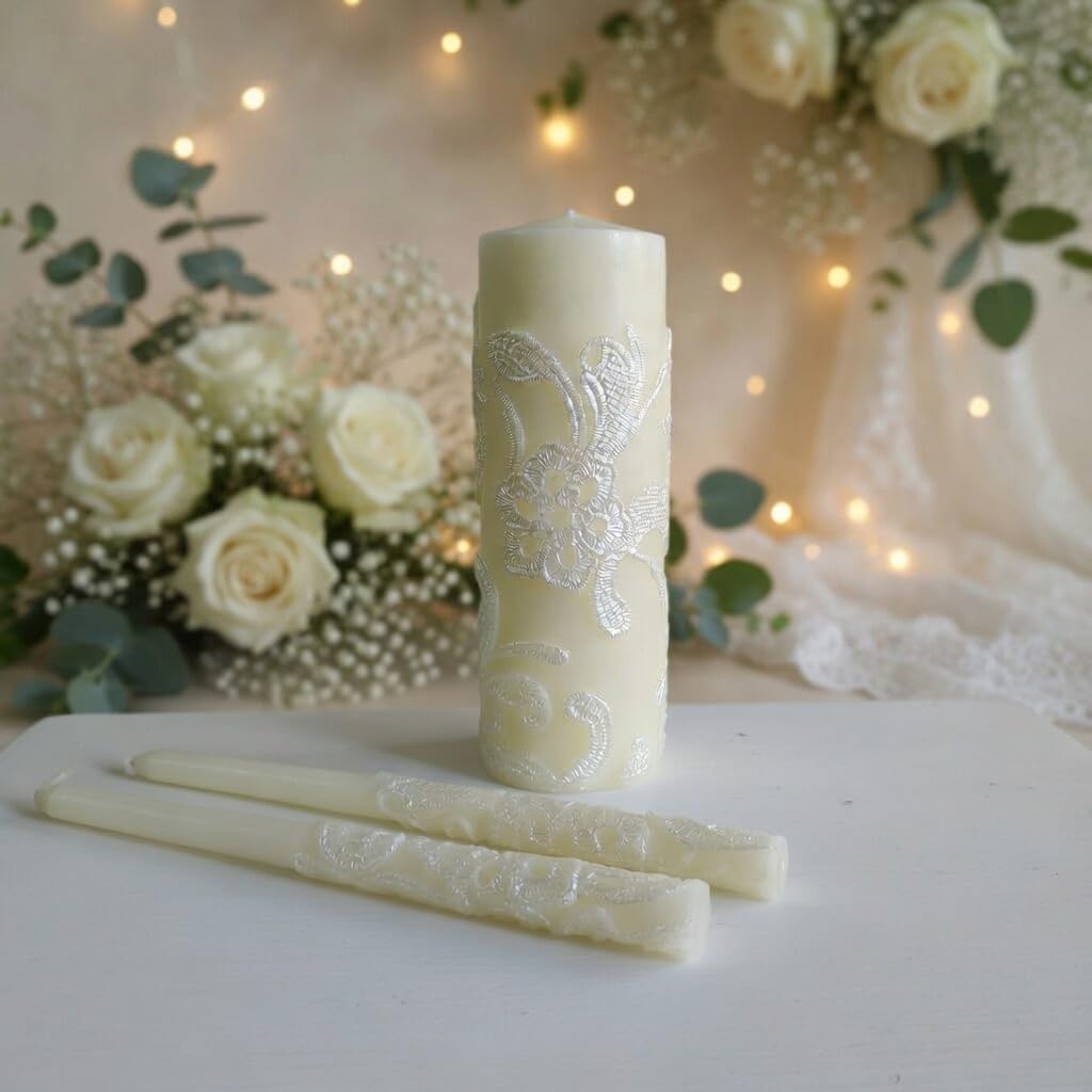 11.50 Inch High Cream Wedding Unity Candle Set Includes 1 Pillar and 2 Taper Candles Great for Weddings as Well as